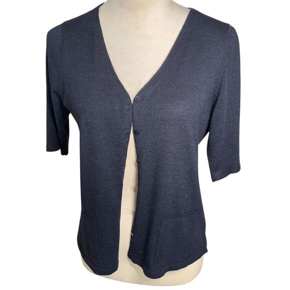 Eileen Fisher Petite Women's Blue Short Sleeve Cardigan 100% Merino Sweater PM - Picture 1 of 7